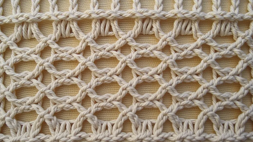 Example of a more advanced macrame pattern with a grid-like structure.
