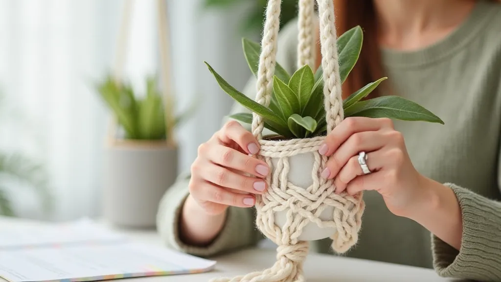 A beginner working on a macrame project