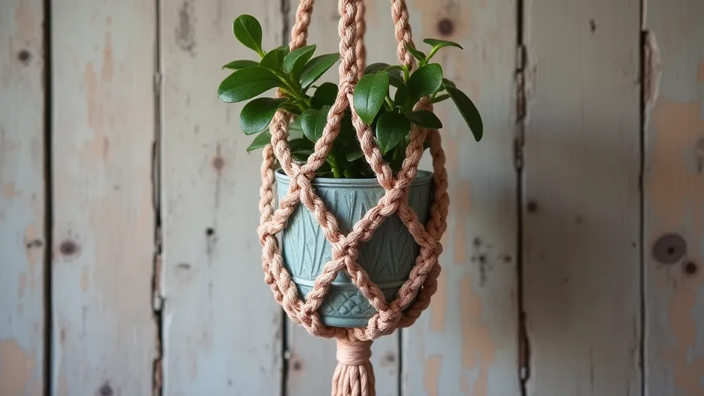 Finished macrame plant hanger with double half hitch pattern