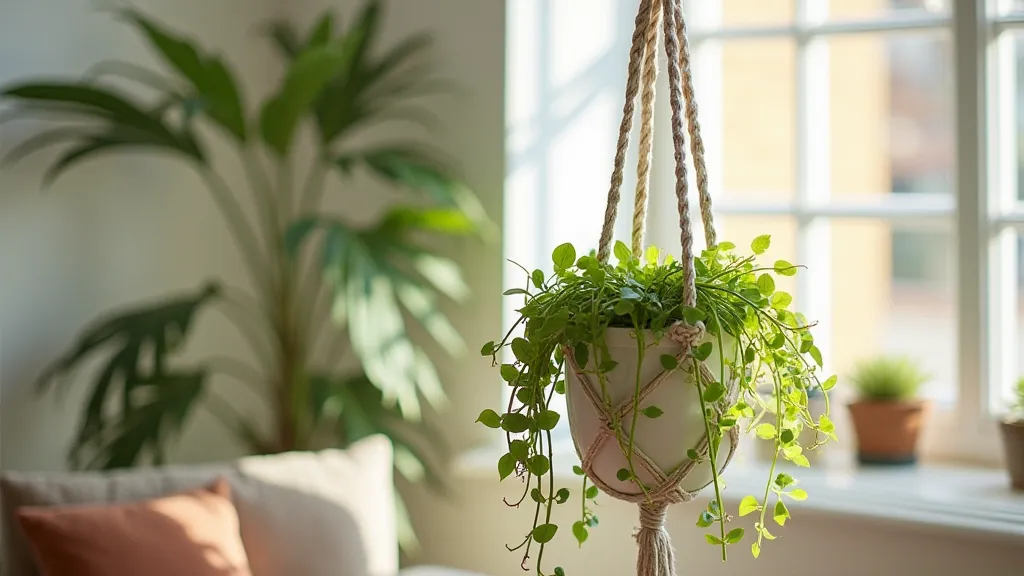 Finished macrame plant hanger with a plant