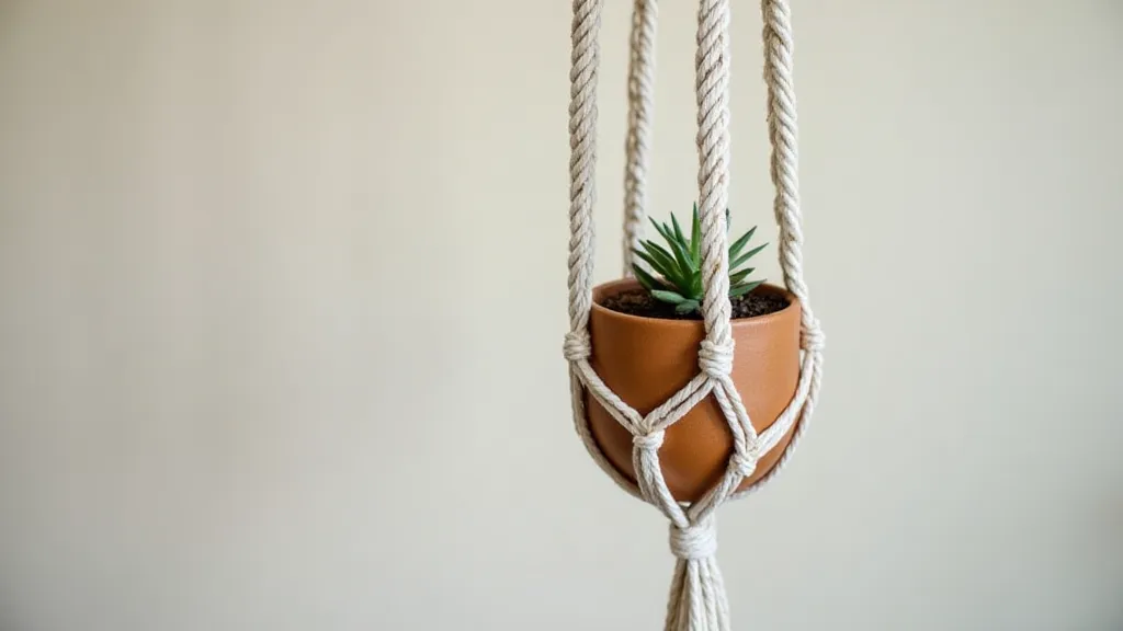 A completed macrame plant hanger ready to hold a plant