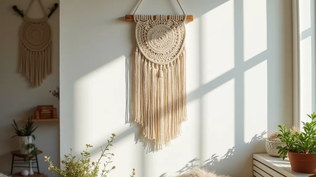 Finished macrame wall hanging displayed in a room
