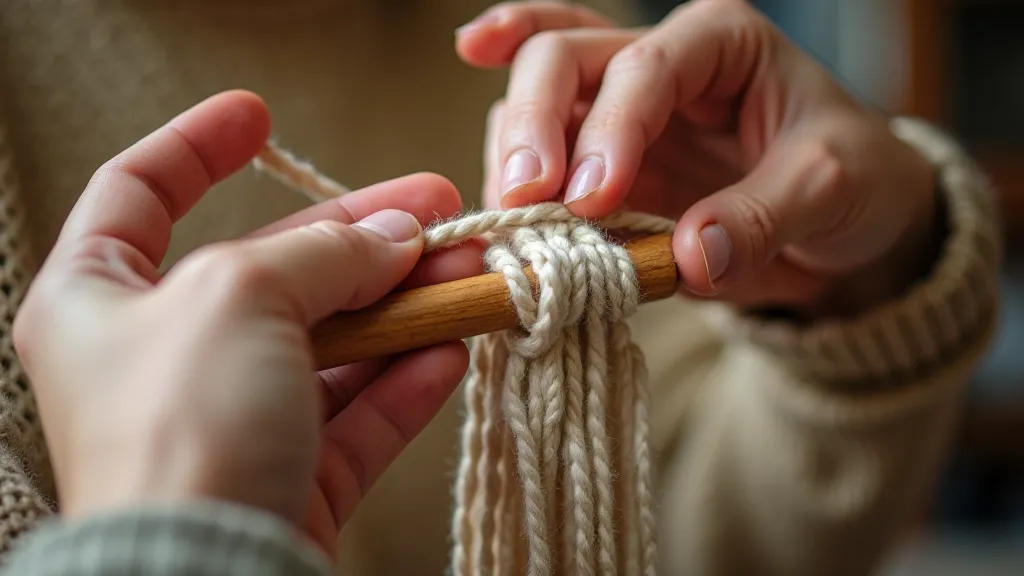 Hands demonstrating the tying of a macrame knot.