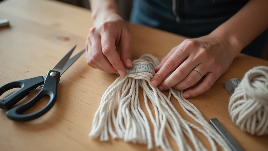 Hands measuring macrame cord with tape