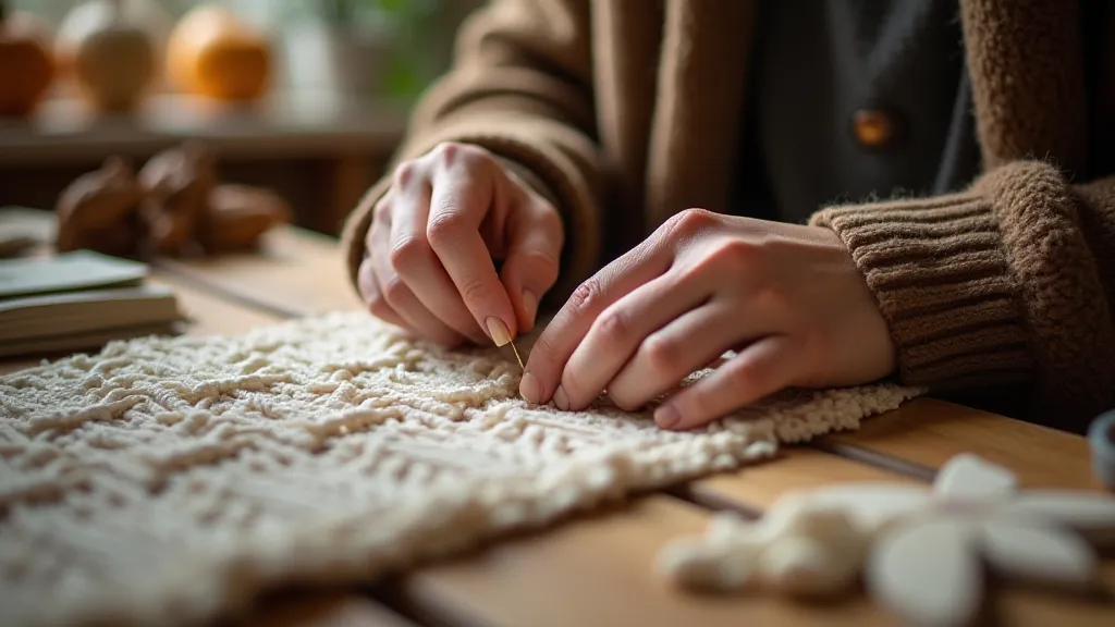 Person working on macrame project with focus