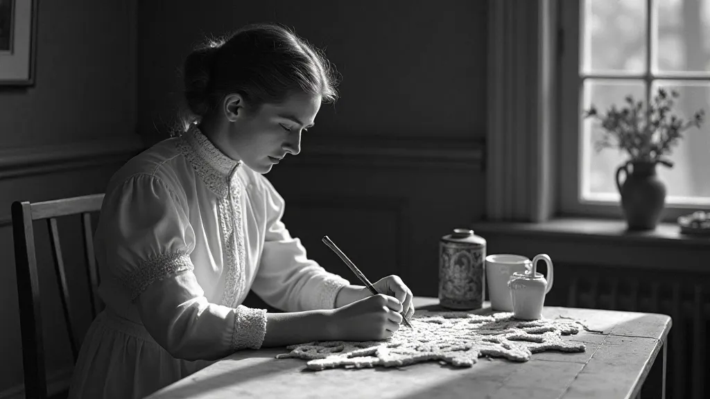 Victorian woman working on macrame.
