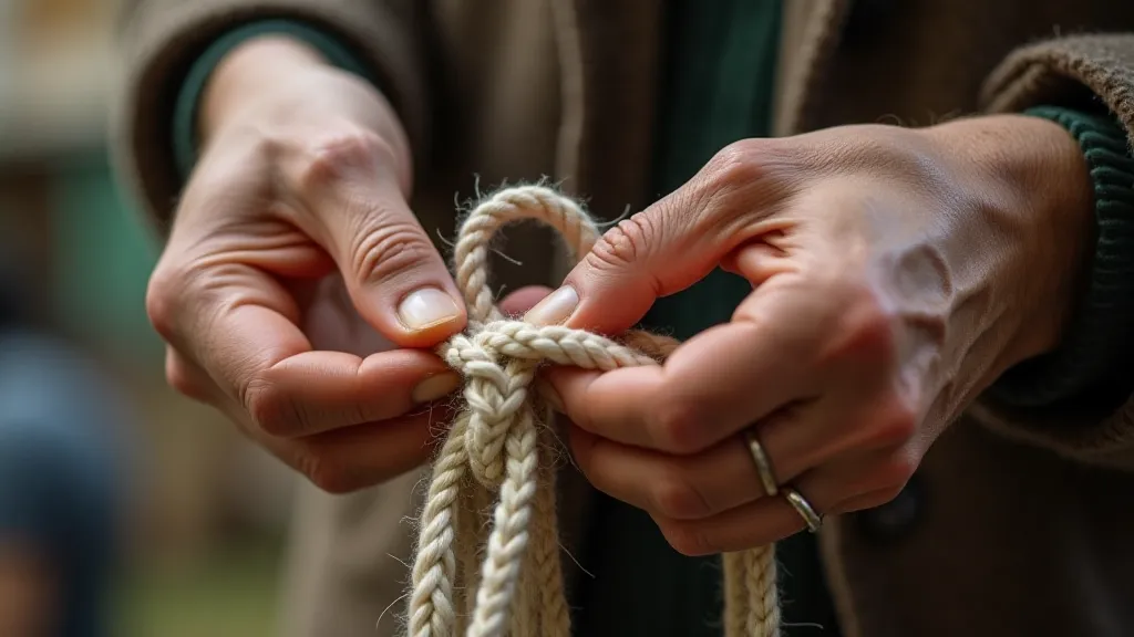 Skilled hands tying a macrame knot